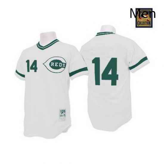 Mens Mitchell and Ness Cincinnati Reds 14 Pete Rose Authentic WhiteGreen Patch Throwback MLB Jersey
